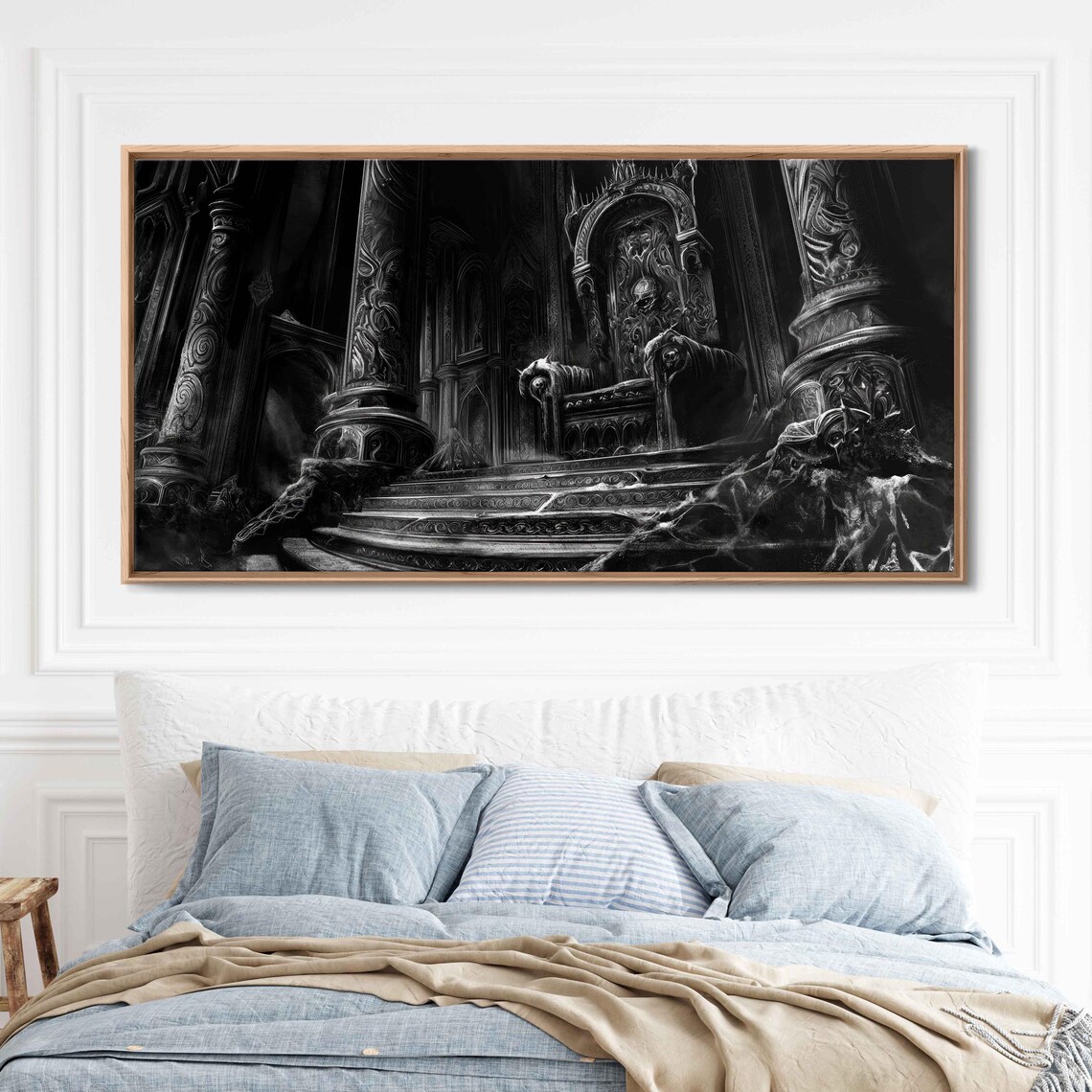 Gothic Throne Room Dark Castle Ornate Pillars Ink Art Halloween Wall Poster