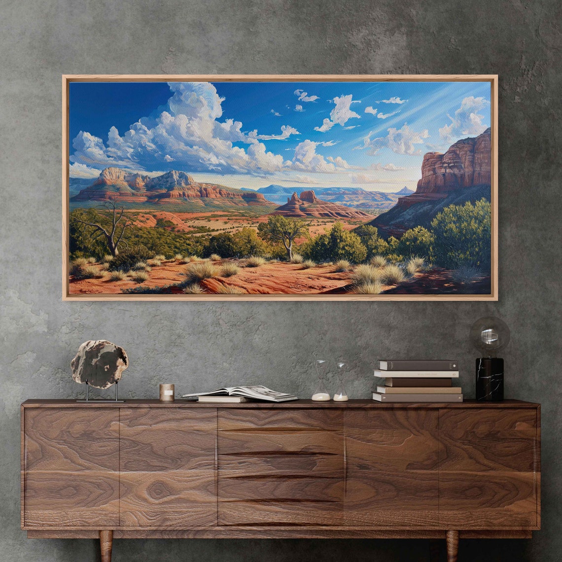 Sedona Arizona Red Rock Buttes Painting Cloudy Sky Panoramic Wall Art - Image 2