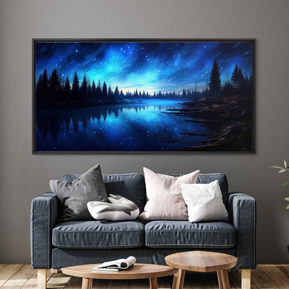 Glowing Night Sky Landscape Overlooking Woods Wall Art Print Peaceful Flowing River Celestial Reflection Ready To Hang - Image 3