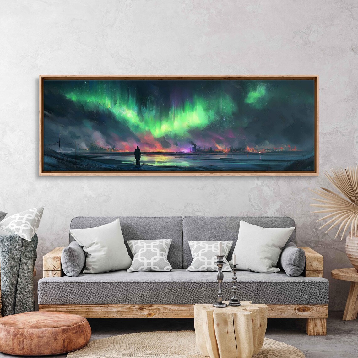 Aurora Borealis Over City Lights Green Night Sky Travel Poster
