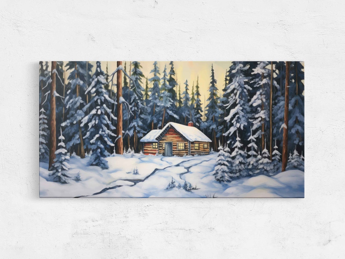 Snowy Log Cabin in Pine Forest Winter Wonderland Landscape Art Print