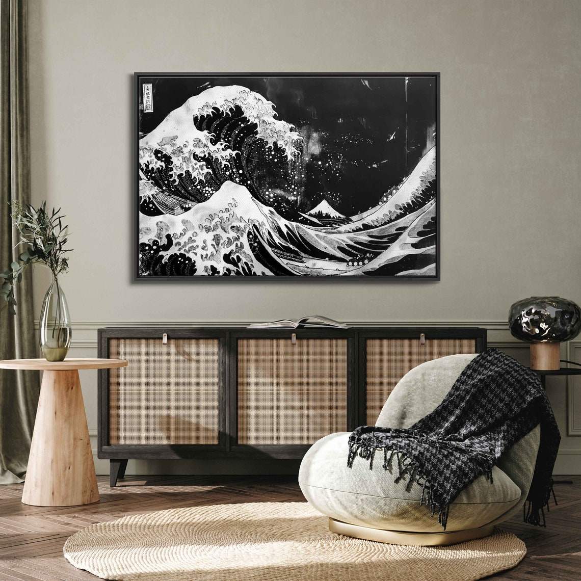 Hokusai Great Wave Monochrome Black Japanese Woodblock Style Art