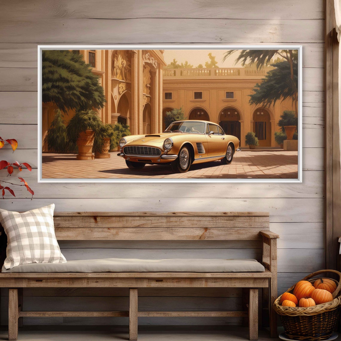 Classic Golden Vintage Coupe Italian Courtyard Automotive Art Poster - Image 3