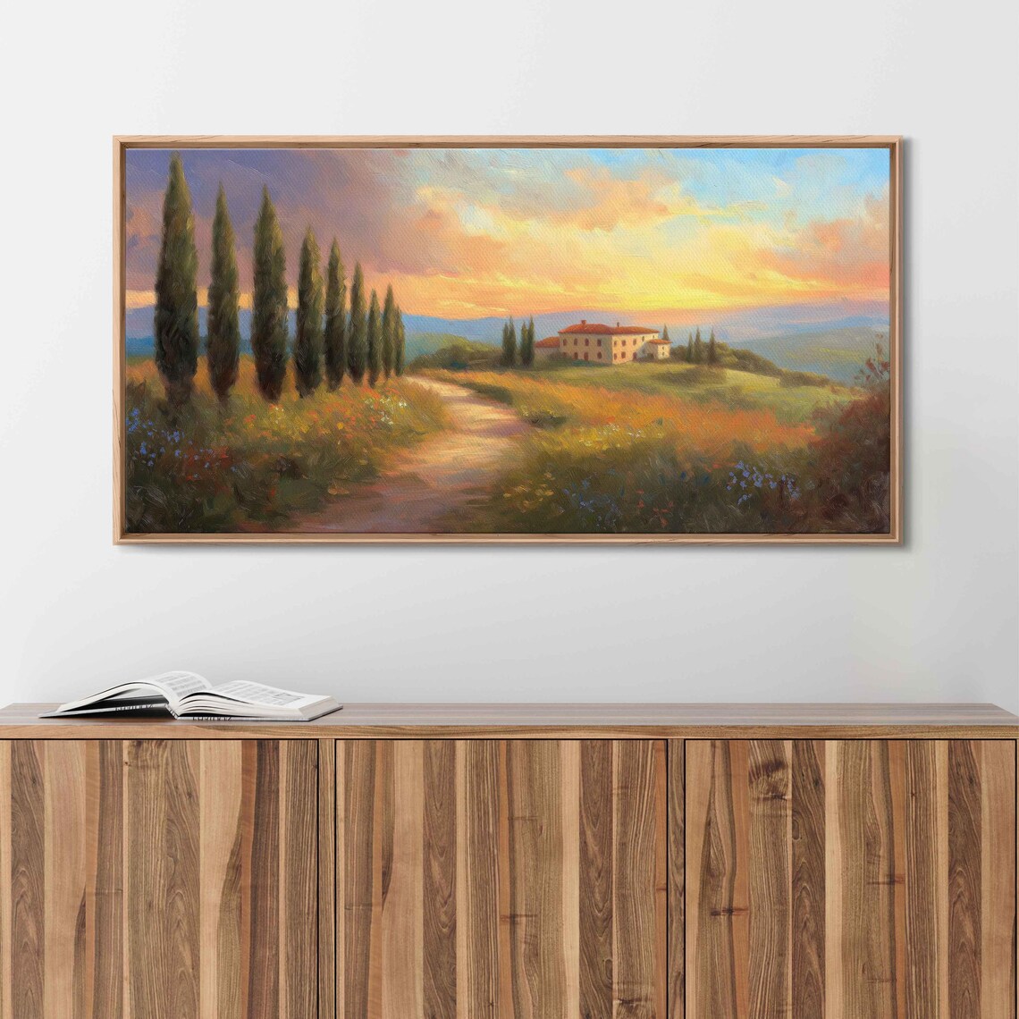 Italian Alley Landscape Wall Art Print Sunset Colors Cypress Trees Rustic Villa - Image 3