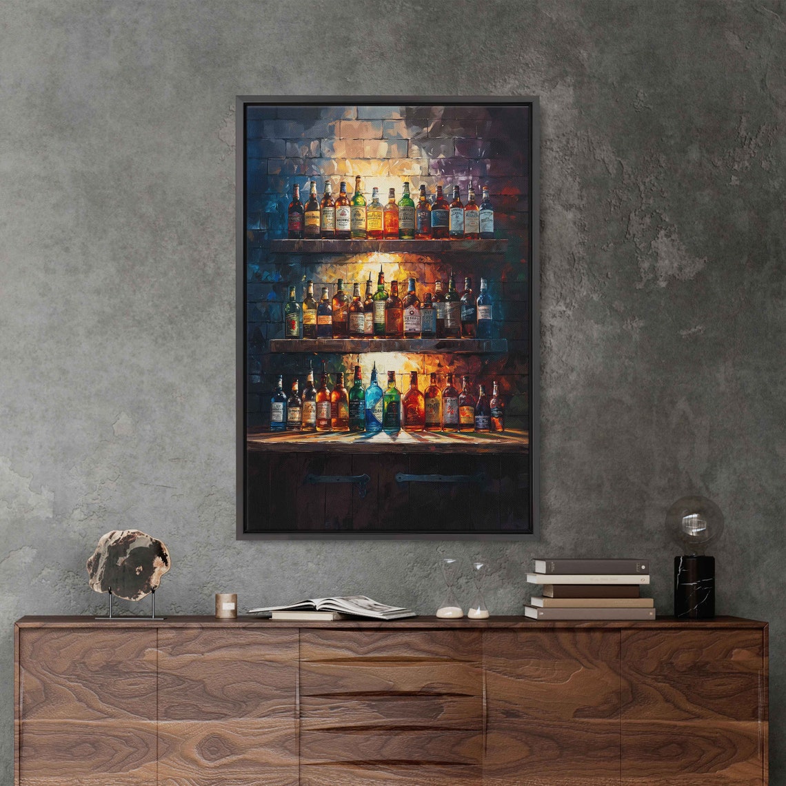 Whiskey Bottles on Wooden Shelves Moody Brick Bar Backlit Art Poster