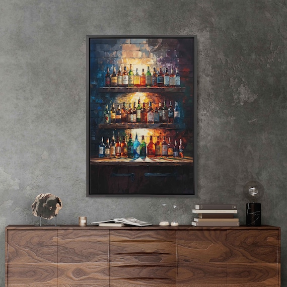 Liquor Bottles Lit Up Behind Bar Oil Painting Wall Art Print Gift For Bartender Bar Life Alcohol Painting Ready To Hang