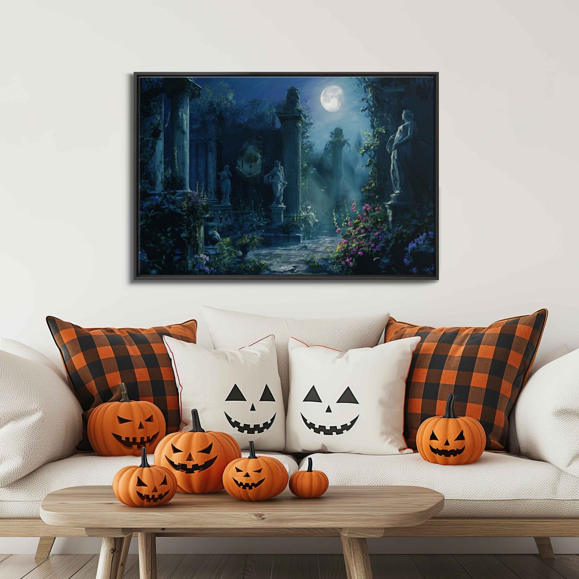 Moonlit Ancient Garden Ruins Statues Under Full Moon Night Poster - Image 3