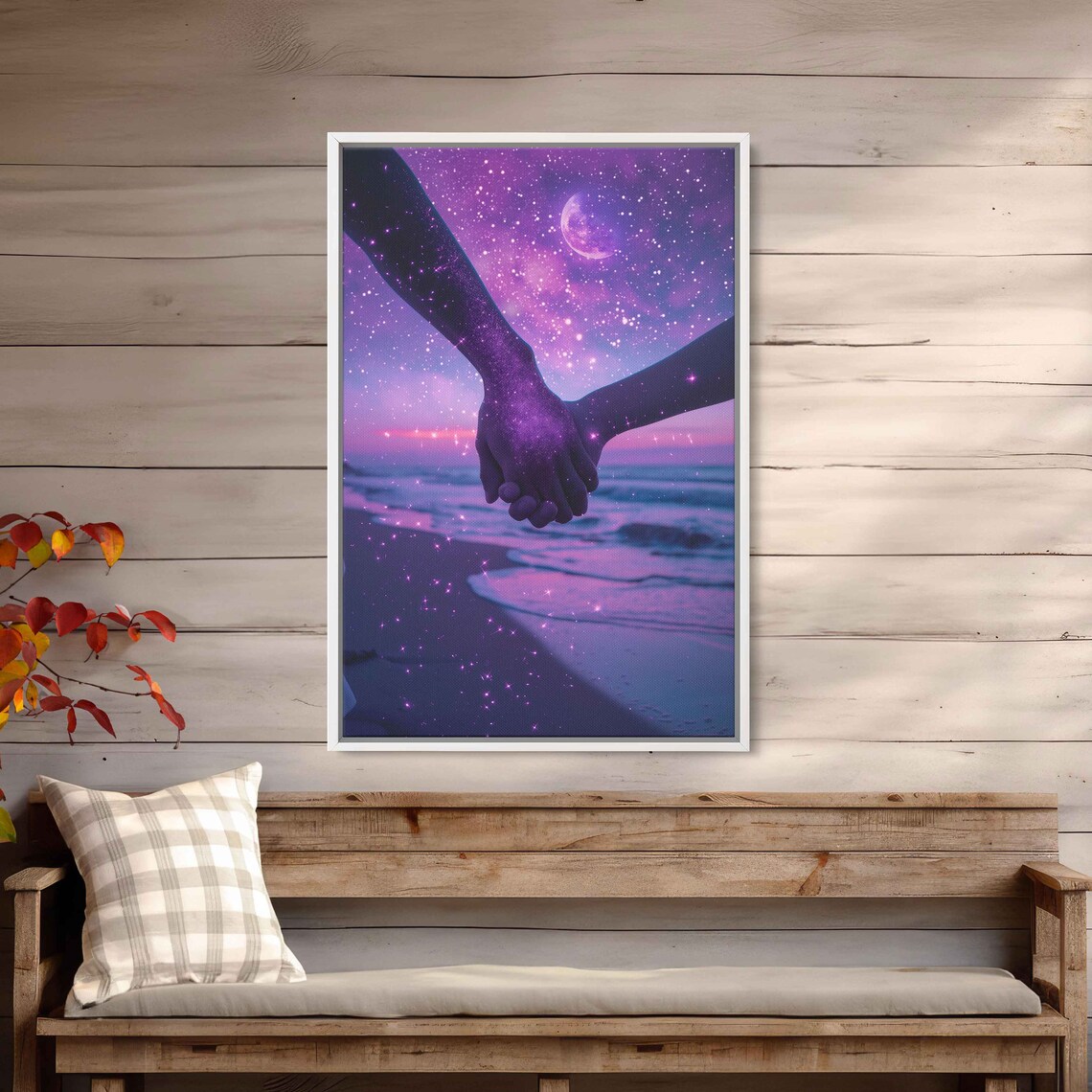 Holding Hands Beach Starry Purple Night Sky Couple Moonlight Wall Poster - Image 2