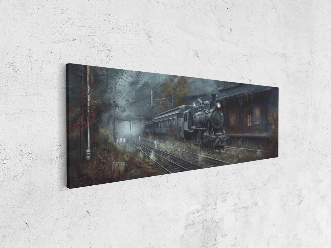 Spooky Old Train Station Steam Engine Foggy Night Panoramic Poster - Image 4