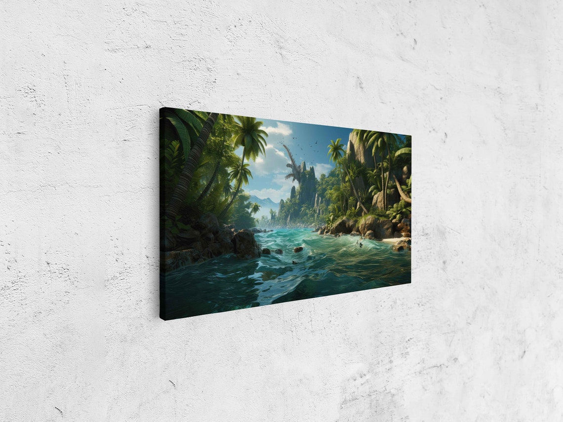 Tropical Paradise Painting Palm Rivers Blue River Framed Print Ready To Hang - Image 4