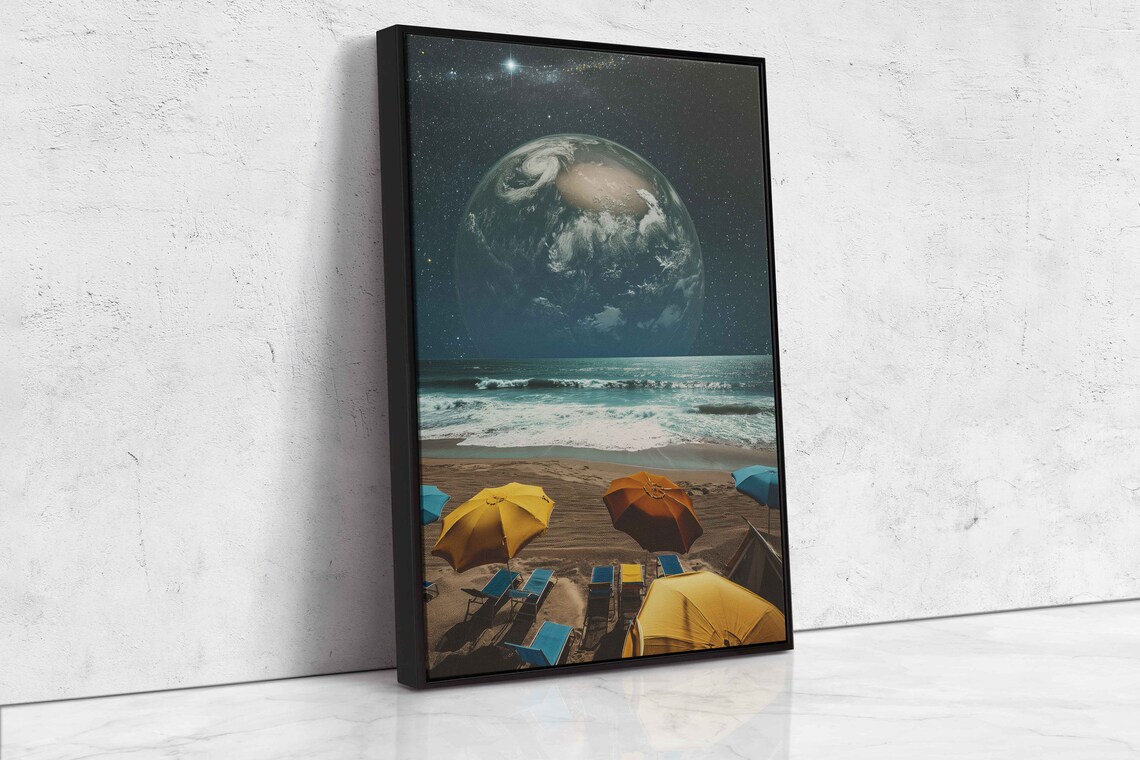Beach Umbrellas Giant Earth Planet Night Sky Surreal Ocean View Wall Poster - Image 4