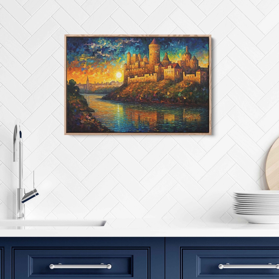 Castle On The Cliffside Oil Painting Palette Knife Technique Mosaic Effect Post Neo Impressionism Print On - Image 3