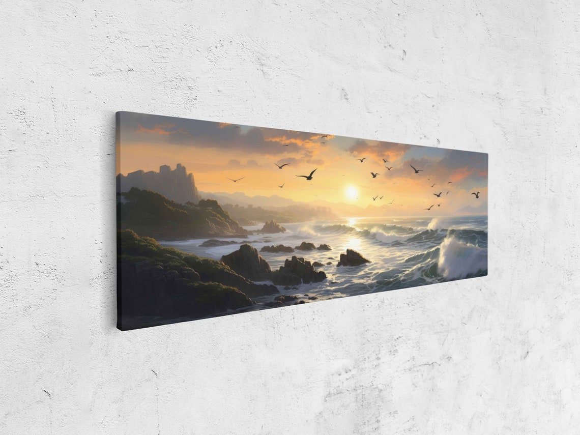 Rocky Coastline Sunrise Seagulls Crashing Ocean Waves Panoramic Poster - Image 4