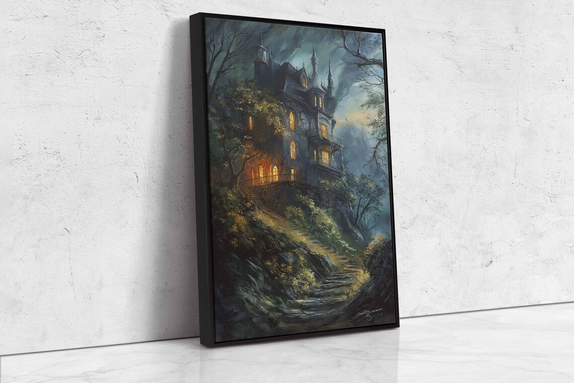 Eerie Victorian Mansion On Cliff With Glowing Windows In Foggy Night Wall Art - Image 4