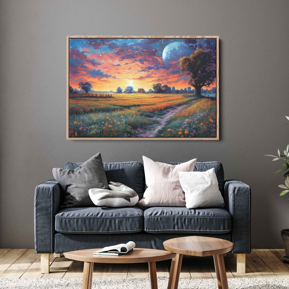 Dreamy Sunset Flower Field Moon Path Fantasy Acrylic Painting Poster - Image 3
