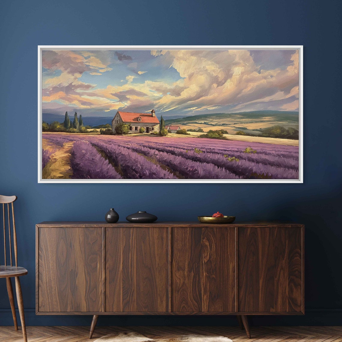 Lavender Field Farmhouse Purple Rows Golden Cloudy Sky Art Poster - Image 2
