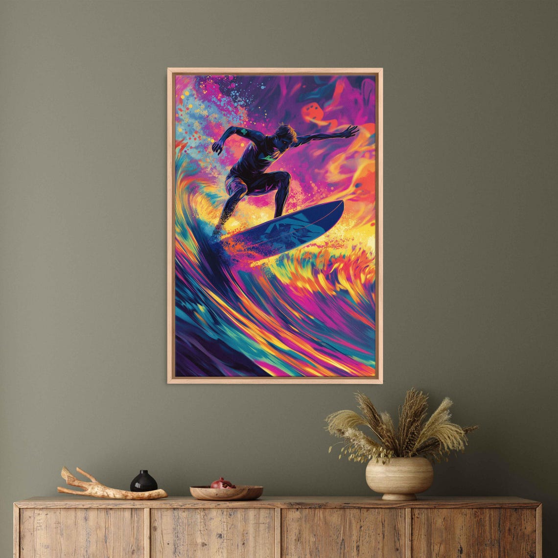 Colorful Pop Art Surfer Riding Neon Wave Surfing Action Poster - Image 3