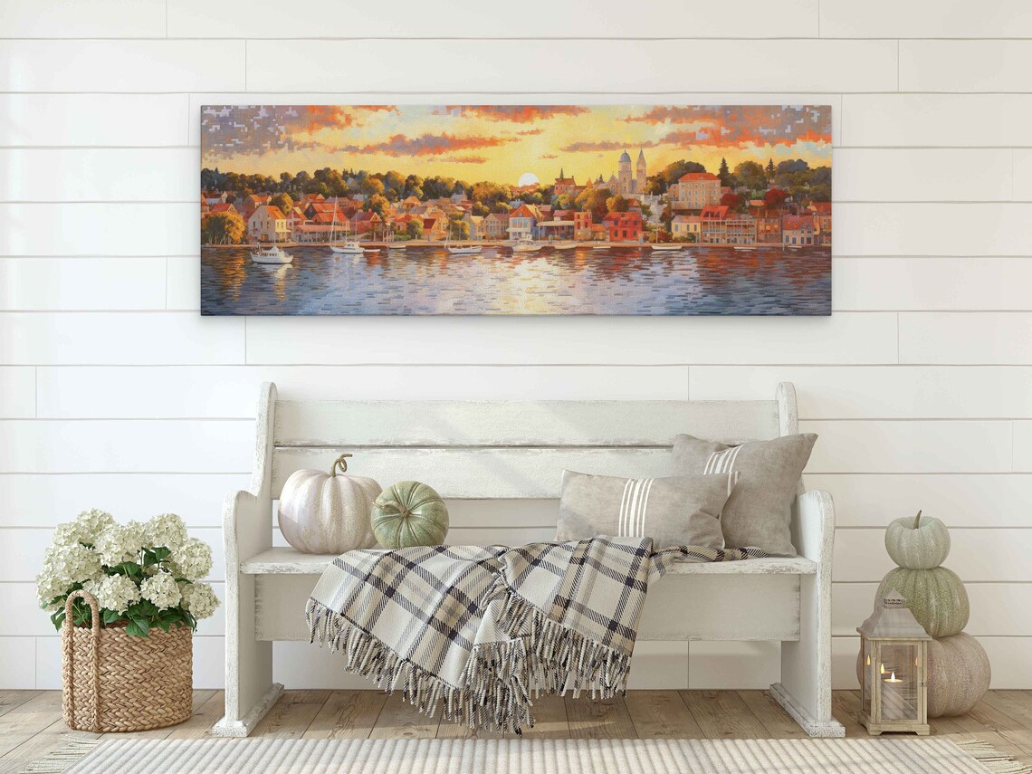 Small Coastal Town at Sunset, Pointillist Art Print - Image 2