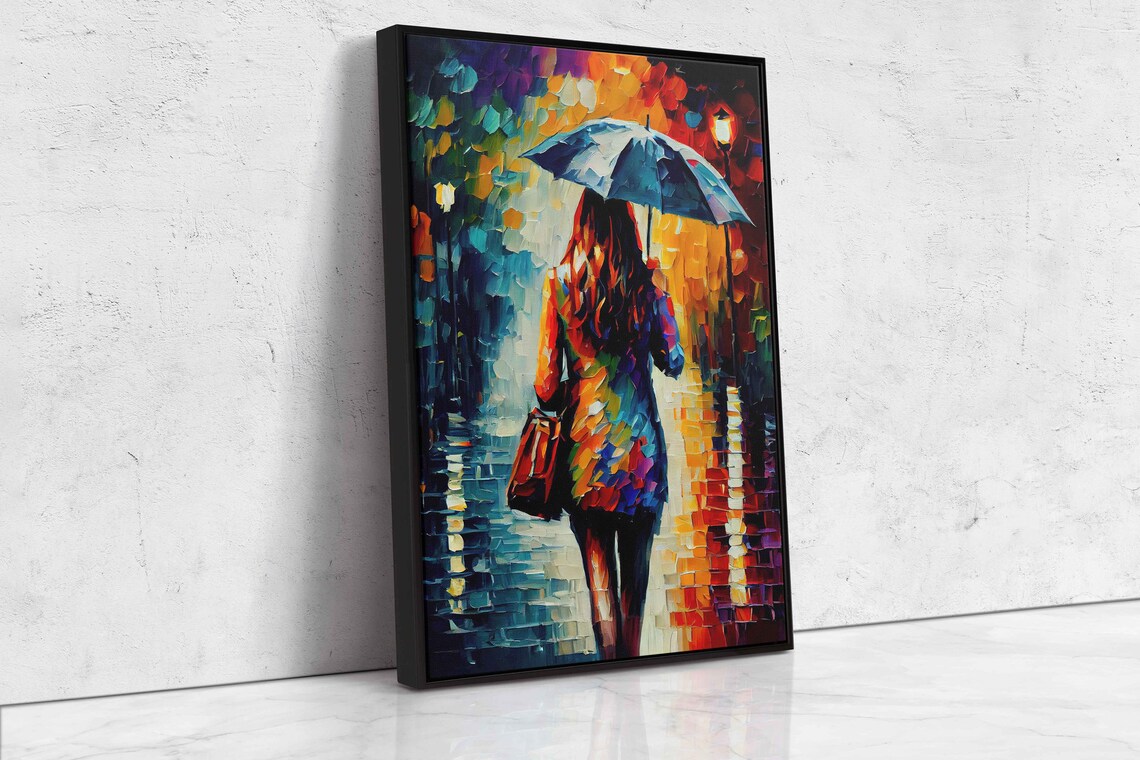 Woman With Umbrella Rainy Night Street Vibrant Palette Knife Oil Painting Print - Image 4