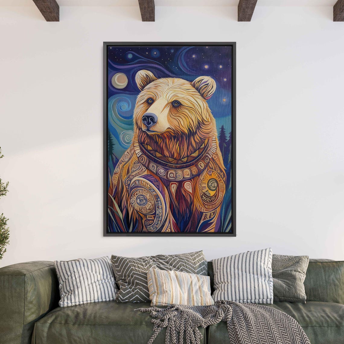 Grizzly Bear Portrait Tribal Patterns Swirling Starry Night Art Poster - Image 3