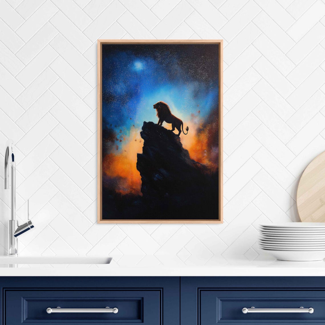 Majestic Lion Silhouette Starry Night Sky Moonlit Mountain Peak Poster