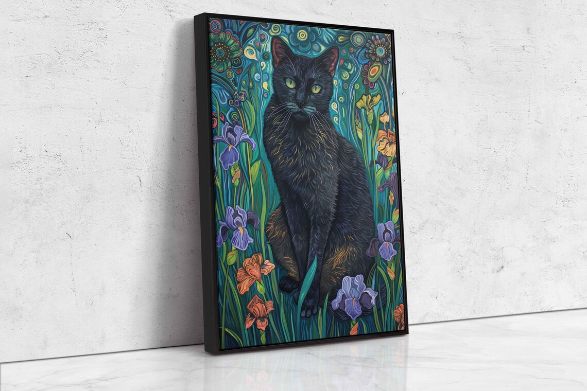 Black Cat Sitting Among Iris Blooms Swirling Night Garden Painting Poster - Image 4