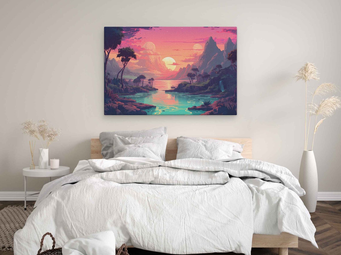Neon Pastel Tropical Paradise Waterfalls Twin Moons Fantasy Art Print - Image 3