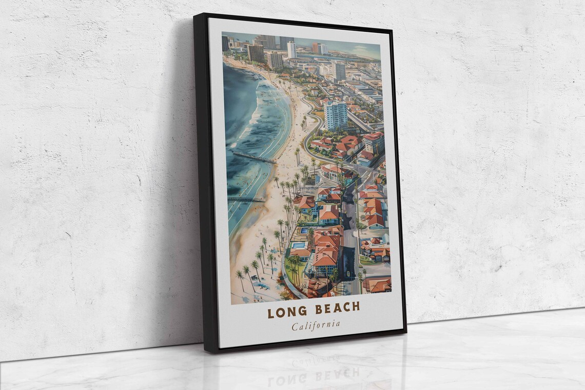 Long Beach California Sandy Beach Coastline Aerial Travel Poster - Image 2
