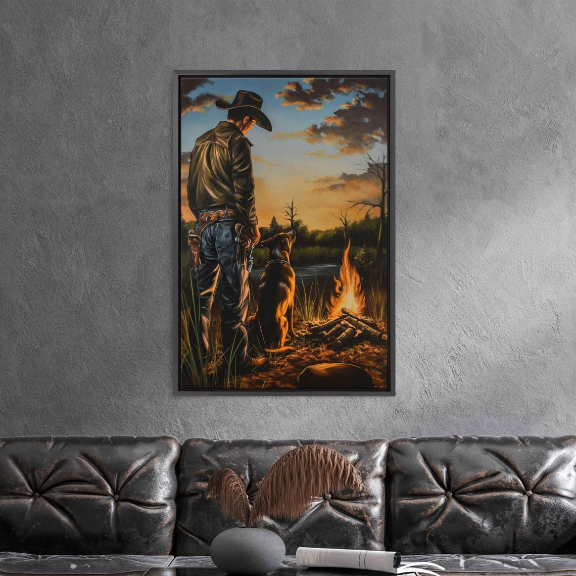 Cowboy And Dog By Campfire At Sunset Back View Western Poster