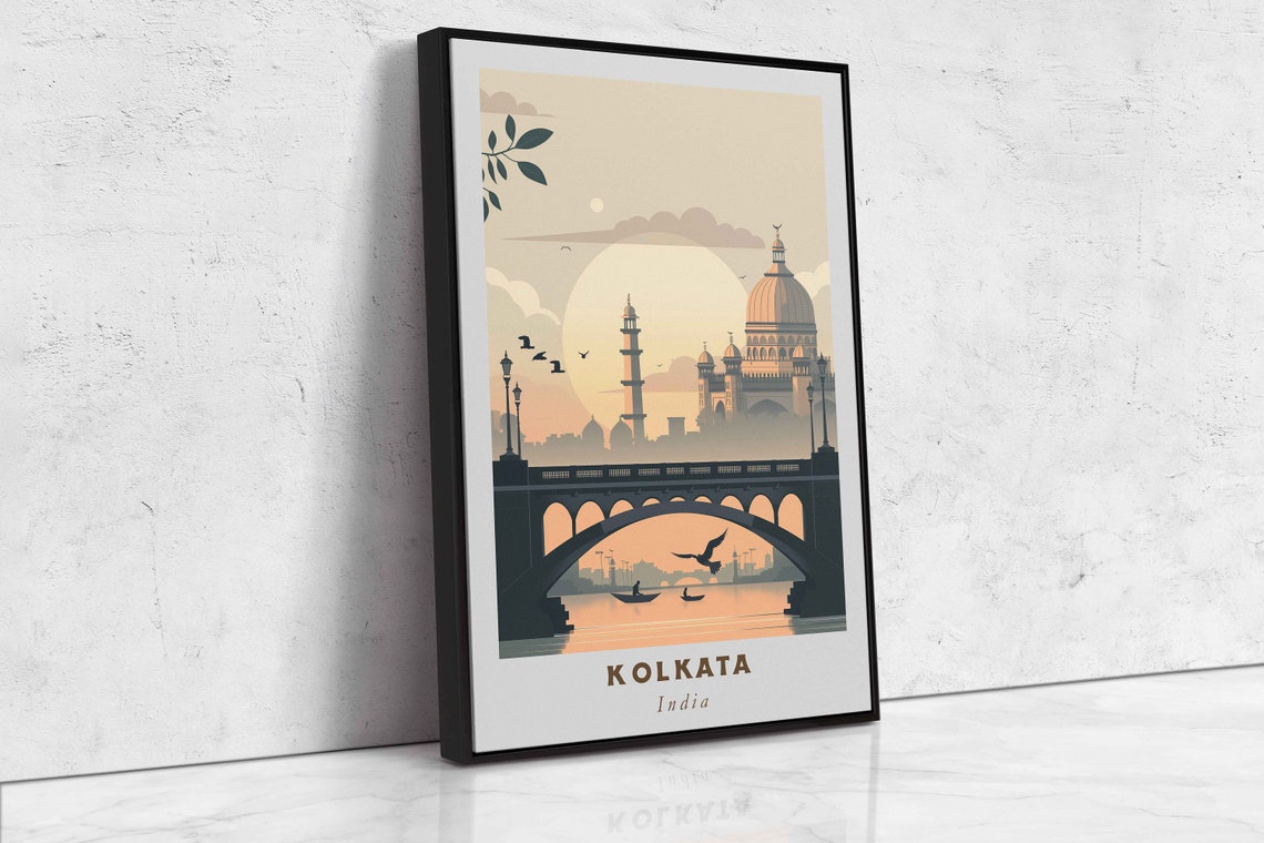 Kolkata India Howrah Bridge River Sunset Minimalist Travel Poster - Image 2