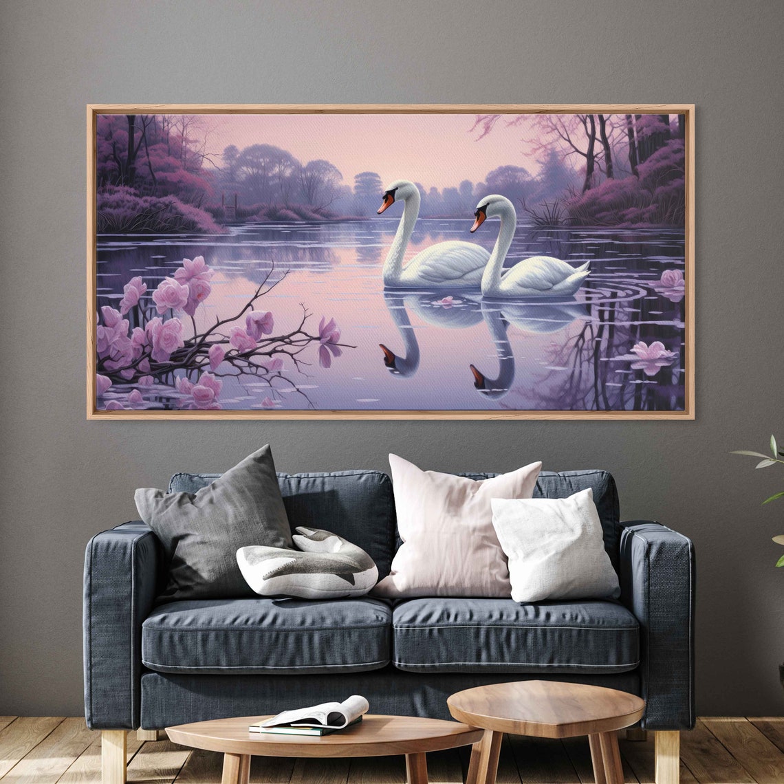 Two White Swans Pink Blossom Pond Purple Mist Romantic Art Poster