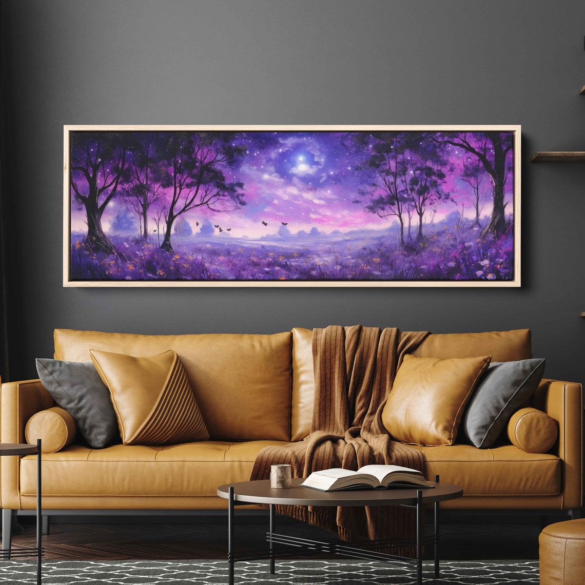 Lavender Field Starry Night Sky Misty Trees Panoramic Wall Art Poster - Image 3