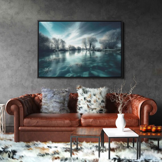 Hdr Landscape Photograph White Pond Wall Art Print Cloudy Skies Wintery Landscape Snowy Trees Ready To Hang