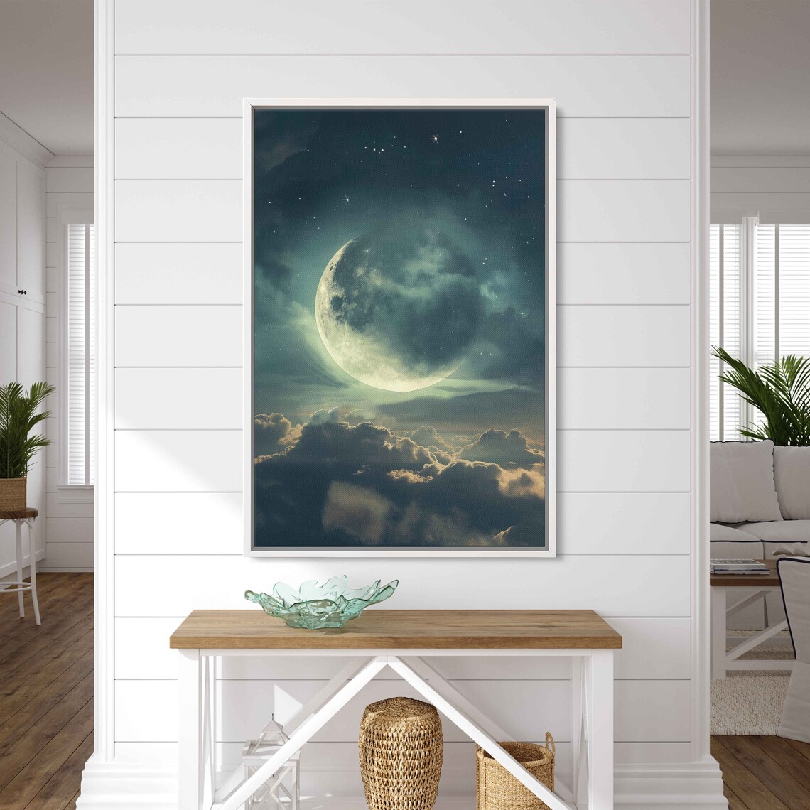 Giant Full Moon Above Dark Clouds Starry Teal Night Sky Dreamy Wall Poster - Image 2