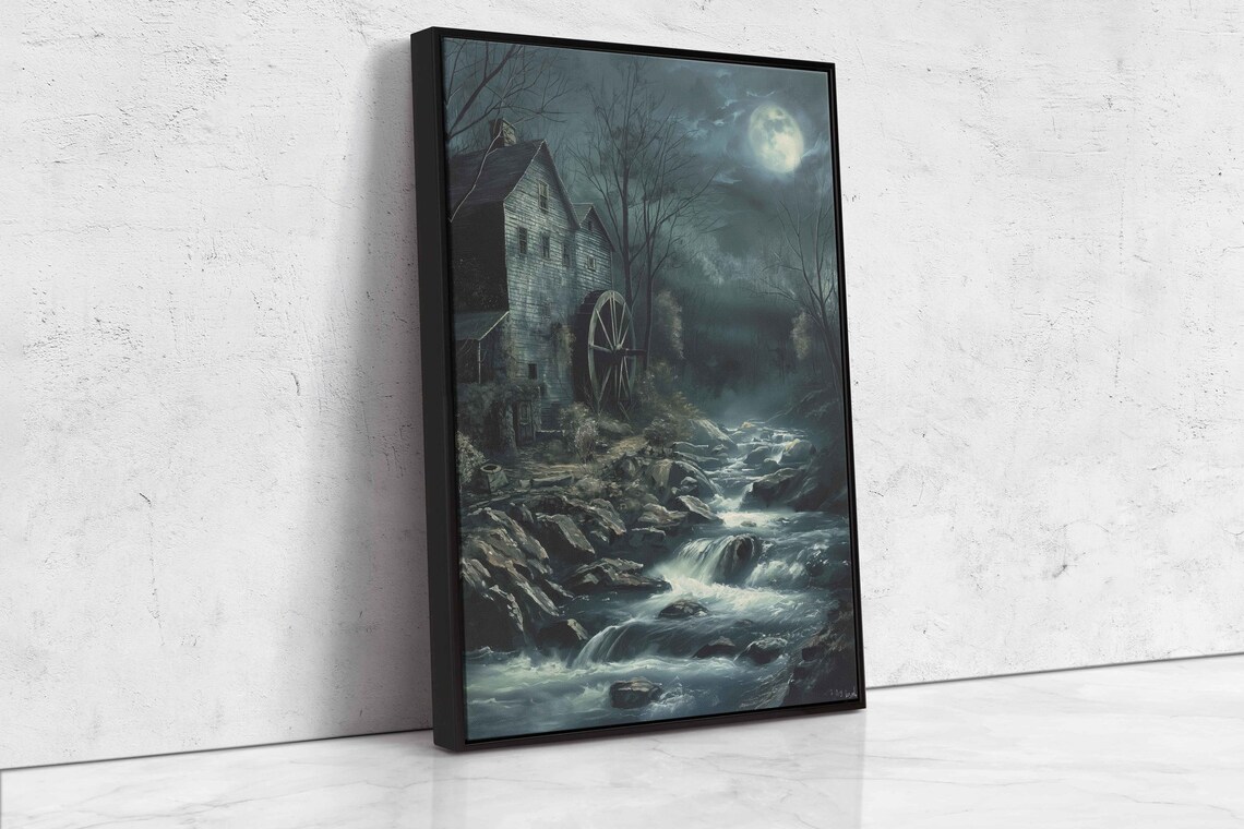Haunted Old Mill Waterwheel Moonlit Stream Eerie Night Wall Art - Image 4