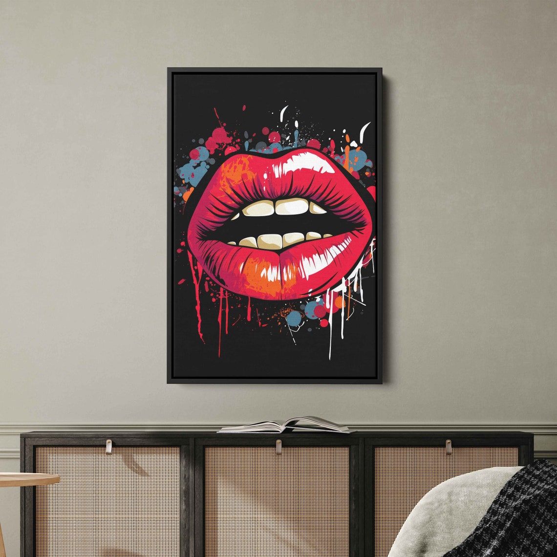 Pop Art Red Lips Paint Splash Bold Black Background Wall Art - Image 2