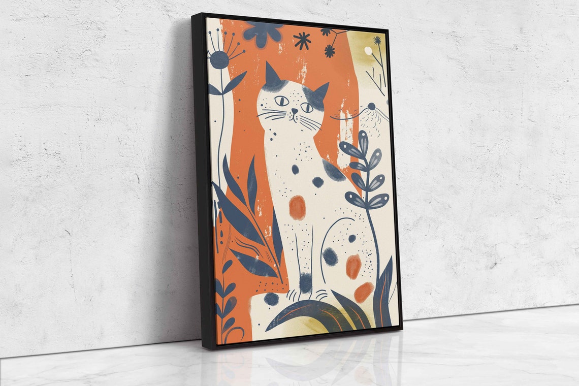 White Spotted Cat Orange Botanicals Matisse Style Playful Art Poster - Image 4