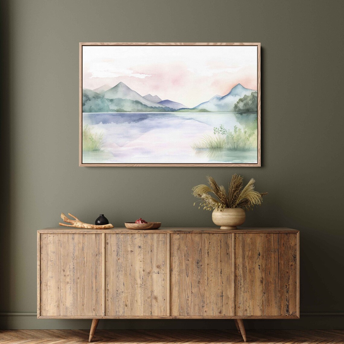 Beautiful Lake Watercolor Mountains In Background Light Neutral Colors Print On Guest Room Decor