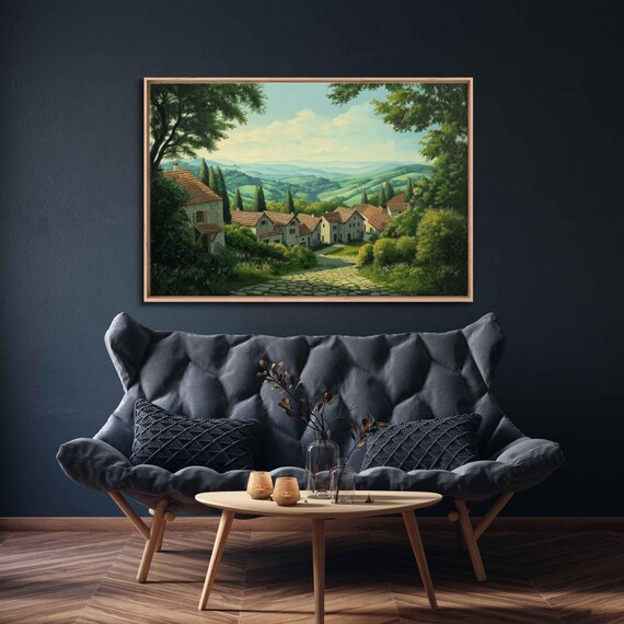 Vintage European Village Wall Art Print Quaint Cottages Lush Green Valley