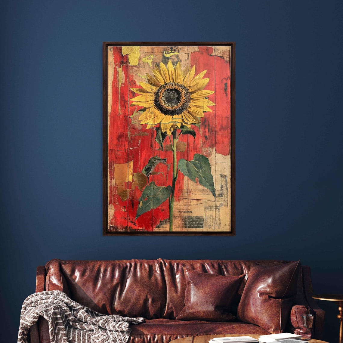 Golden Sunflower Red Textured Background Gold Leaf Floral Art Poster