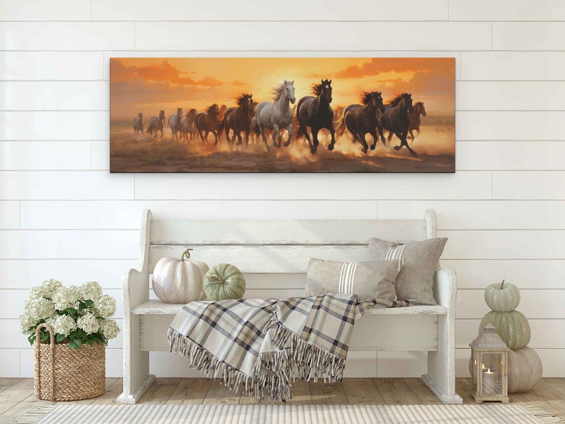 Herd of Wild Horses, Desert Oil-Painting Art Print - Image 2
