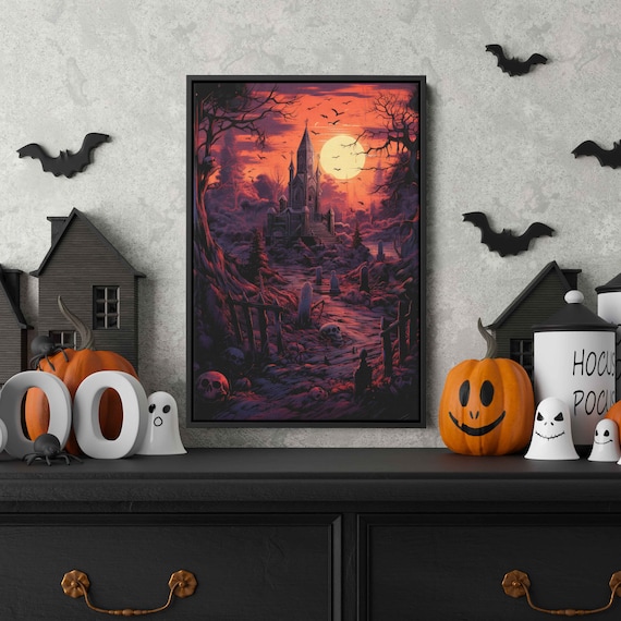 Haunted Gothic Castle Sunset Graveyard Bats Full Moon Halloween Art Print