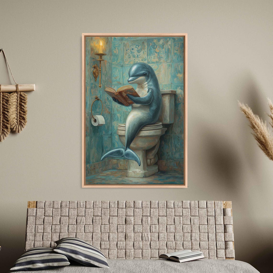 Dolphin Reading Book On Toilet Teal Tiles Funny Bathroom Wall Art