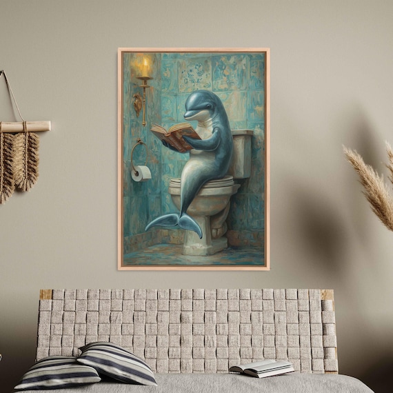 Whimsical Dolphin Bathroom Scene Wall Art Print Retro Vibe Cozy Oil Painting Humorous Detail