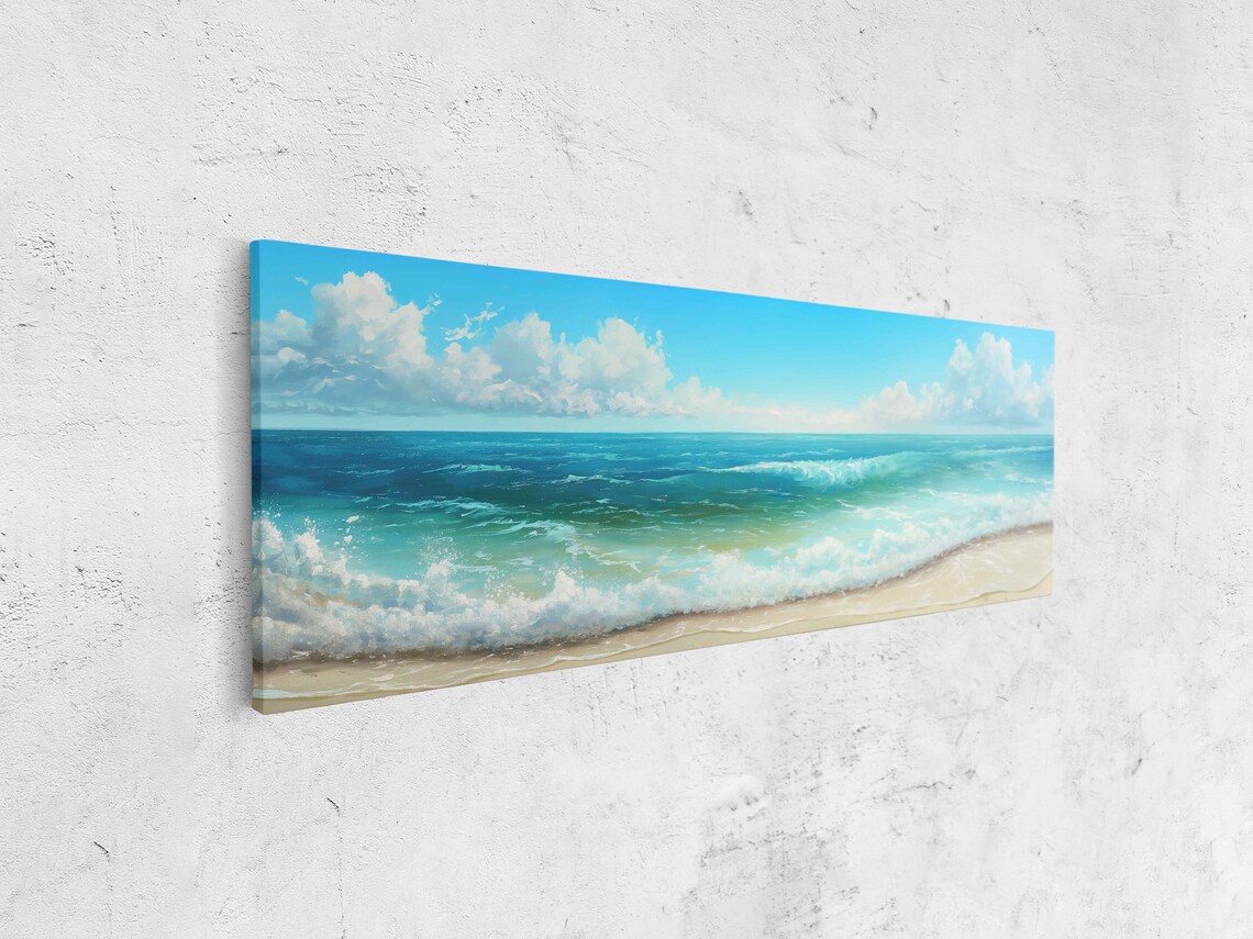 Beautiful Beach Blue Waves Panoramic Oil Painting Cloudy Sky Ocean Poster - Image 4