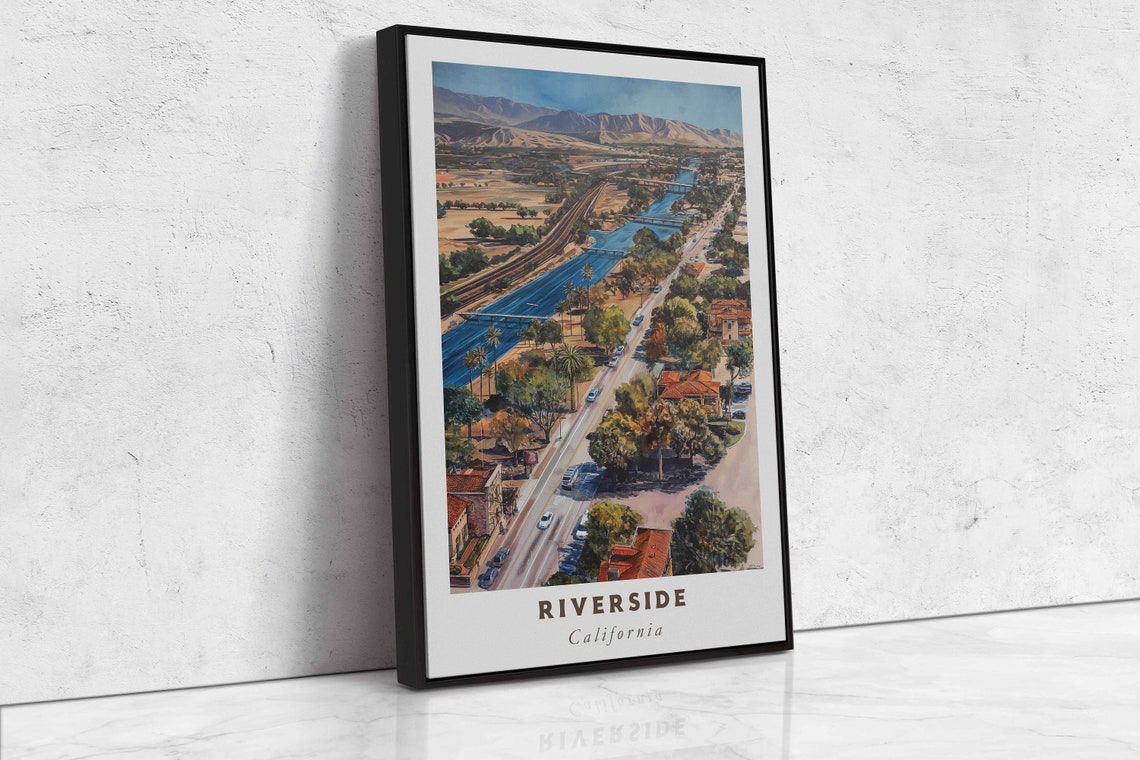 Riverside California Aerial River Road Mountain Sunny Day Poster - Image 2
