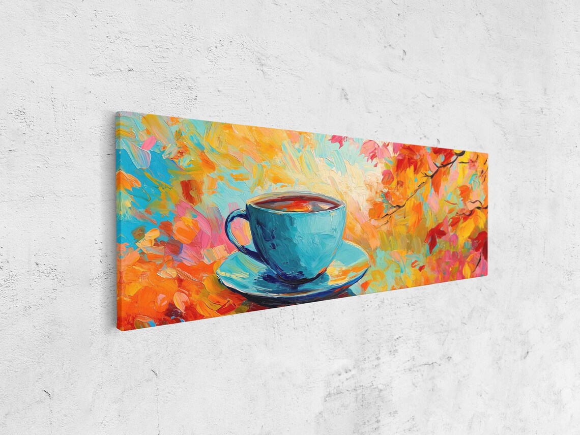 Blue Teacup Amid Fiery Autumn Leaves Colorful Painting Art Print - Image 4