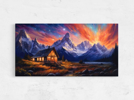 Cabin Starry Night Sky Panoramic Landscape Painting Framed Print Ready To Hang Coloful Night Sky Living Room Decor
