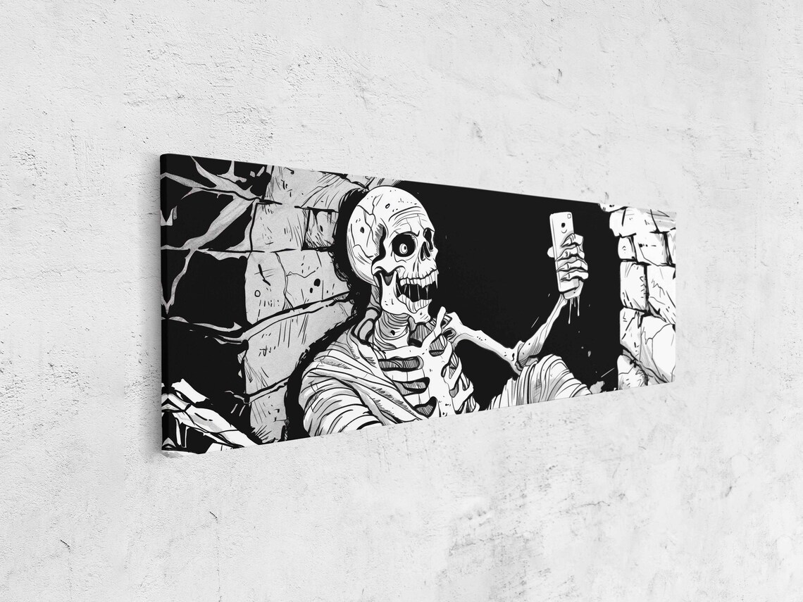 Gothic Skeleton Taking Selfie in Stone Crypt Funny Ink Halloween Poster - Image 4