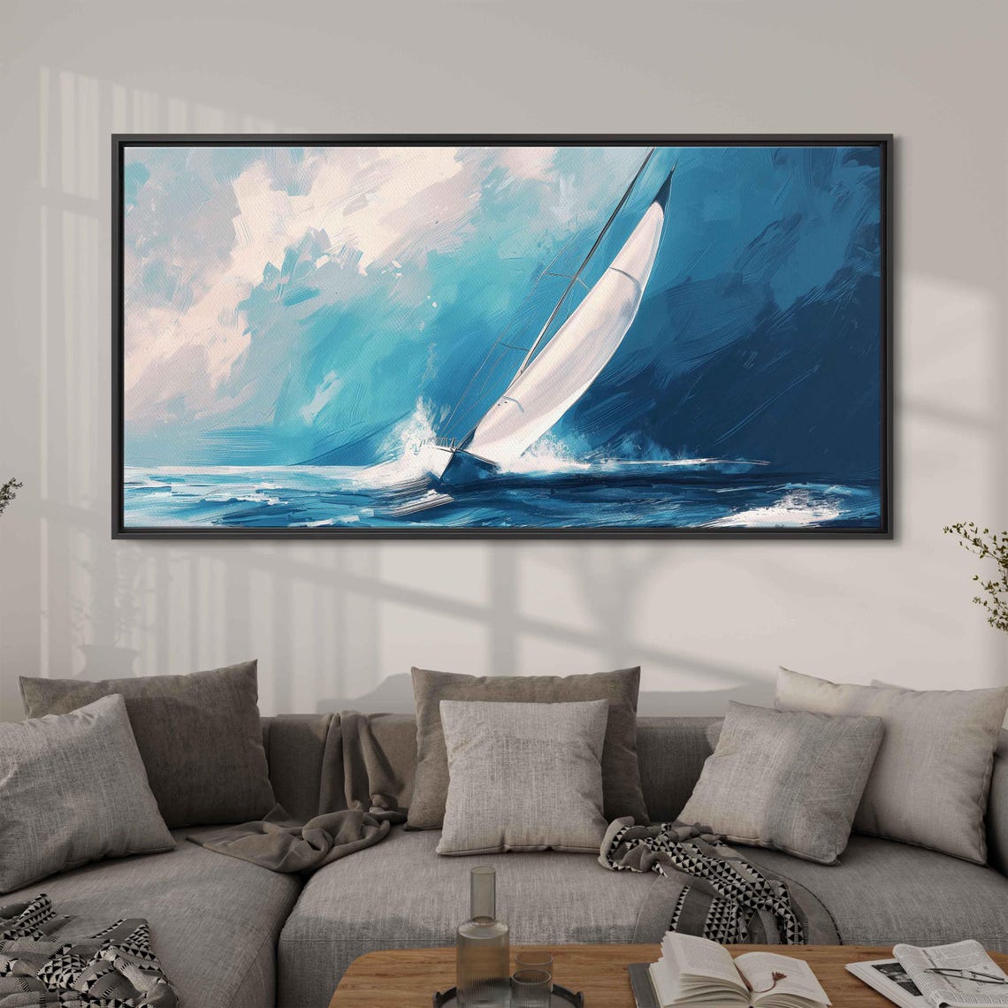 Sailboat Heeling Through Blue Waves Dynamic Watercolor Poster - Image 3